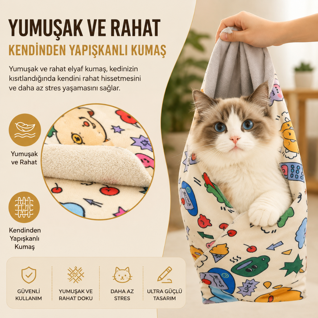 PatiÖdül™ Kendinden Yapışkanlı Kedi Bakım & Sakinleştirici Kundağı